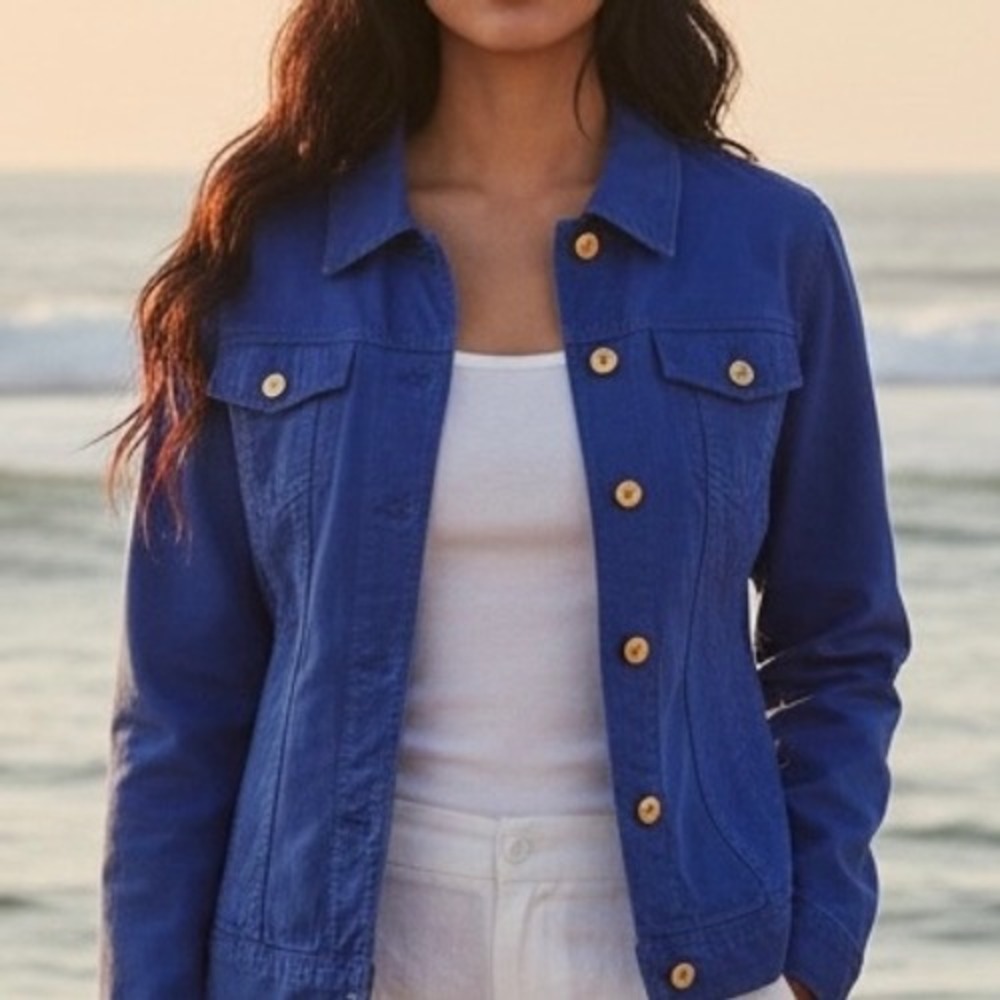 Lauren Ralph Lauren Jeans Co Royal Blue Denim Trucker Jacket Gold Buttons Sz M